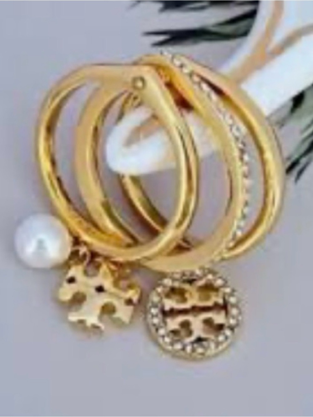 Tory Burch Gold-Tone Stacked Charm ring with Faux Pearl and Crystal Logo,size 7